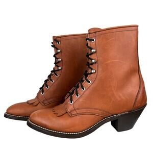 Vintage 80's 90's Laredo Kiltie Boots Brown Leather Lace Up Cowgirl Ropers (8)